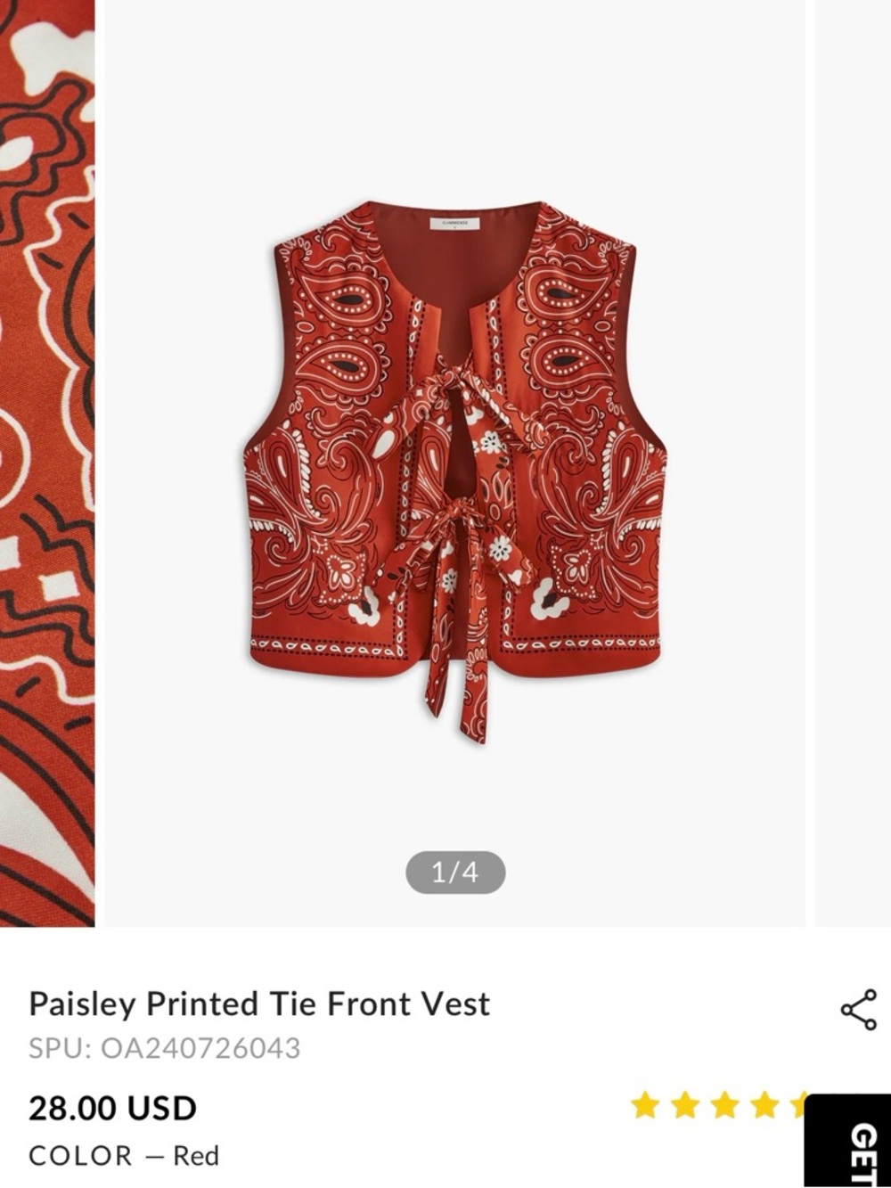 Commense Red Paisley Tie-Front Crop Vest